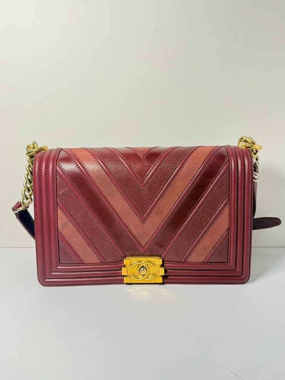 Chanel Le Boy Burgundy Color‑Block V‑Chevron Calfskin Chain Crossbody Flap Bag